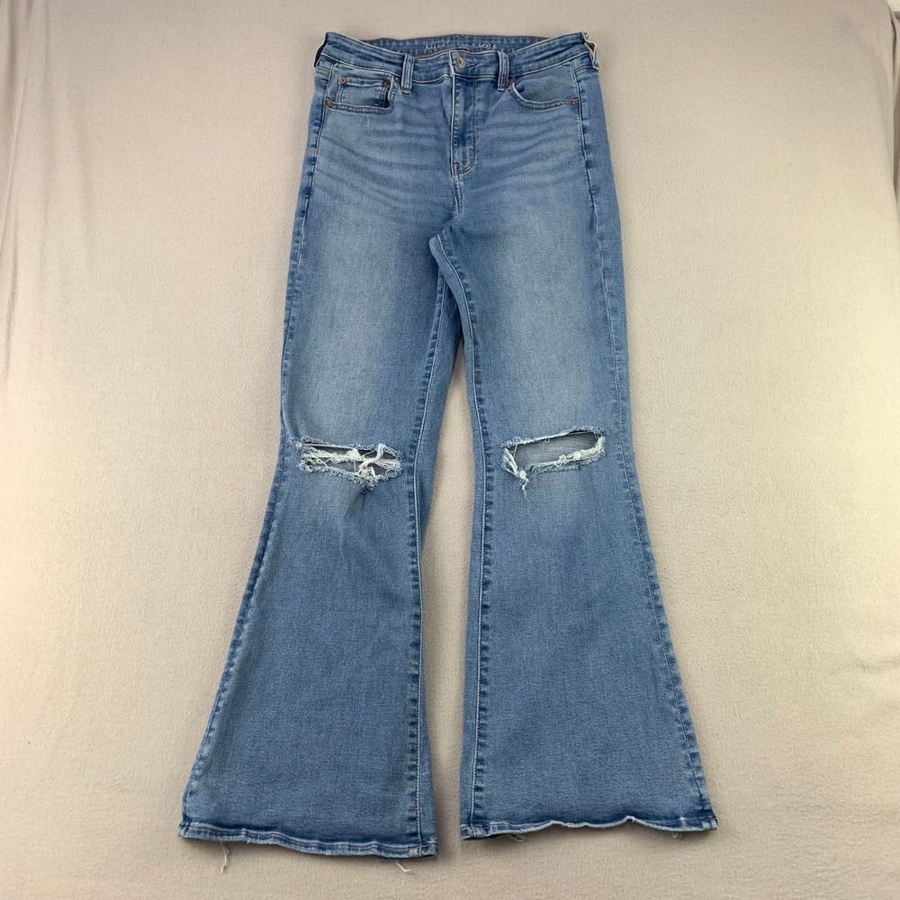 American Eagle Next Level Stretch Flare Jeans Women 8 Blue Distressed High Rise